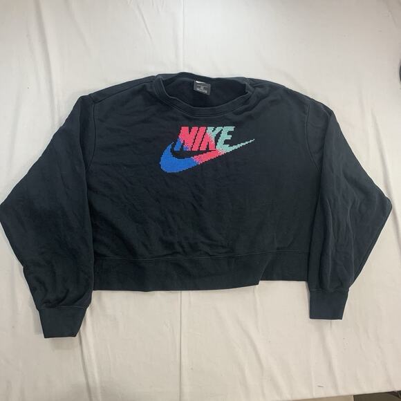 Nike Sweatshirt Womens 2XL Black Multicolored Fleece Cropped Crew Neck Swoosh - Picture 1 of 6